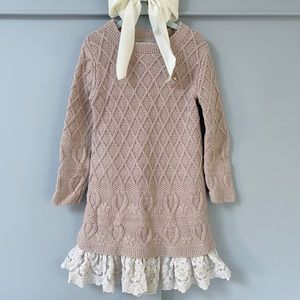Max Studio High Detailed Dusty Pink Knit Sweater Dress w/ Lace Trim + Gold Charm